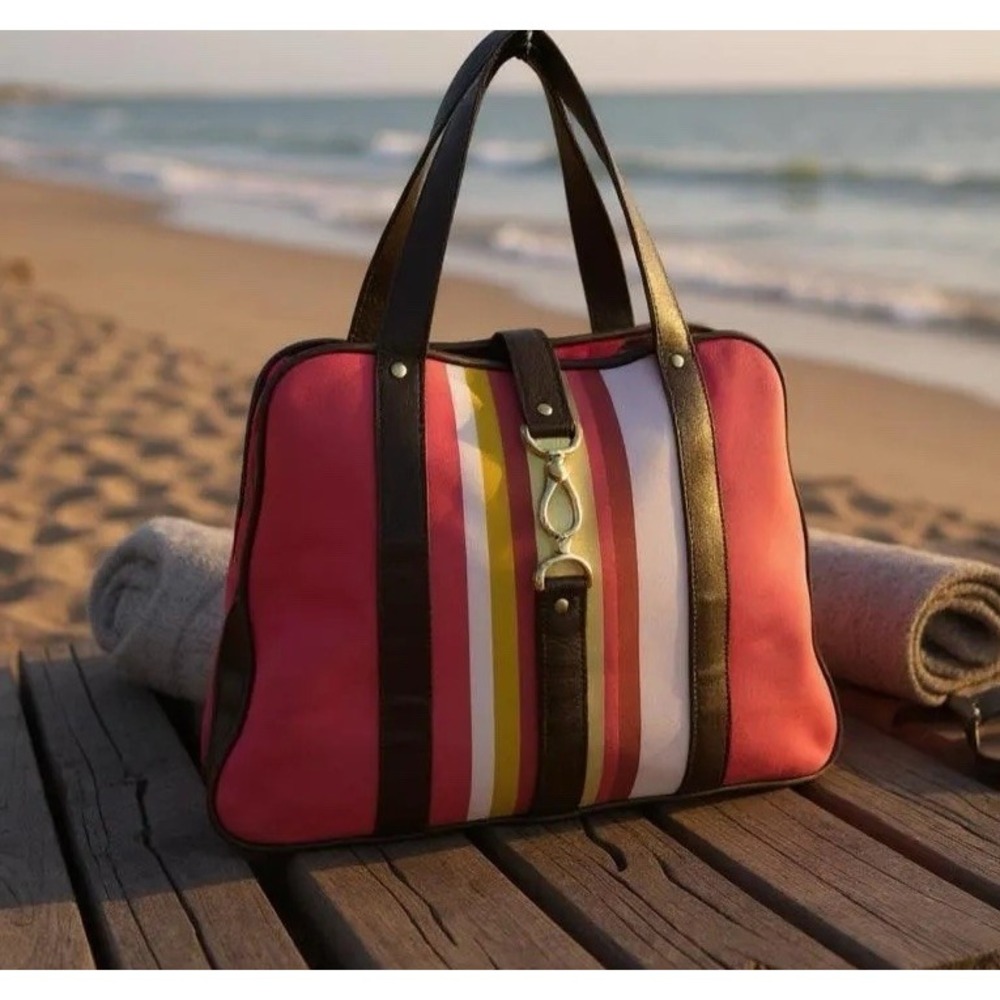 Freddy & Ma Custom Duffel Bag Leather & Multi Stripe Canvas Weekender Handbag